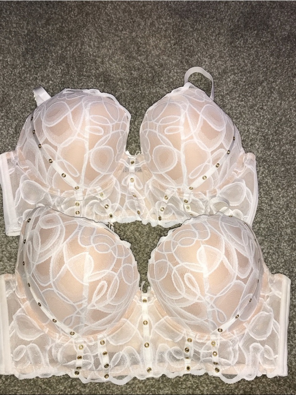 2 Sheer Lace Underwire Bras with Gold Stud Detail - Soft Ivory 38C & 38 D